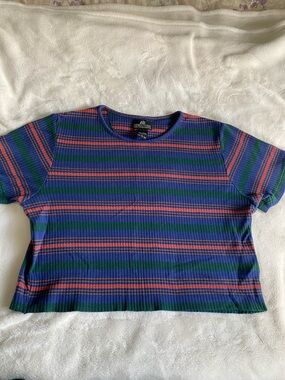 STRUCTURE  VINTAGE Striped Ribbed Cotton Top in Navy & Coral